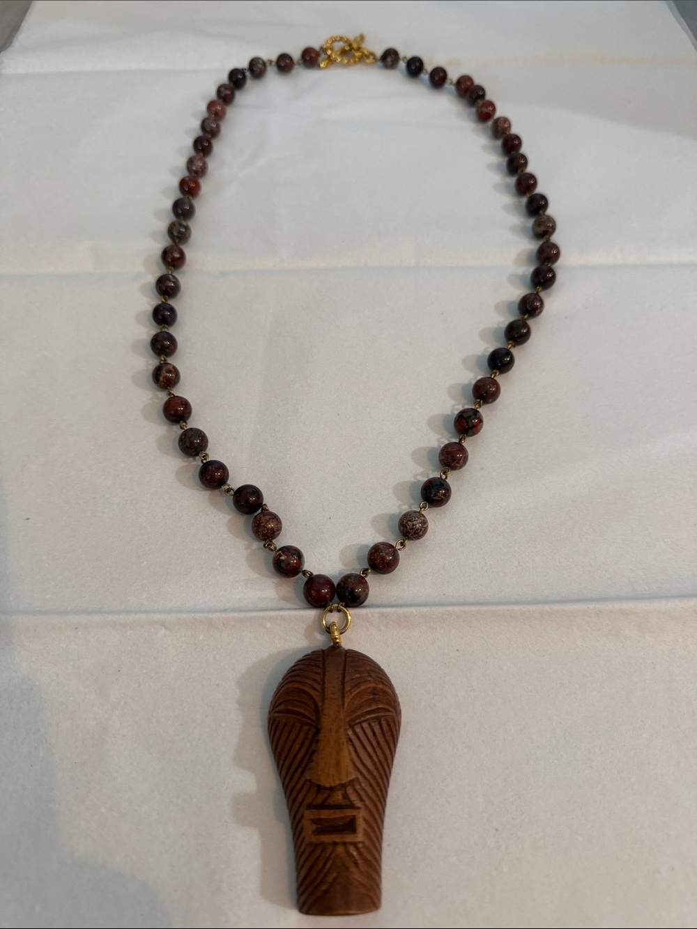 Dominique Aurientis American Wood Hand-Carved Mask Jasper Bead Necklace